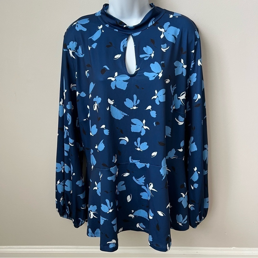 Eloquii Boho Tie Neck L/S Top Keyhole Back Cut Out Stretch Blue Floral 20